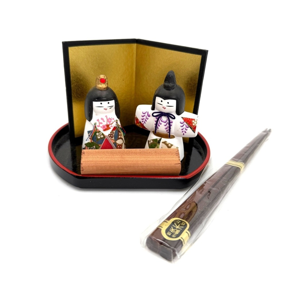 Japanese Hina Dolls Hinamatsuri Miniature Figurines Gold Screen‎ Tray Chopsticks